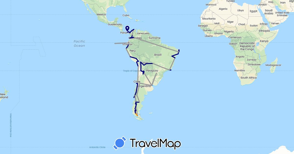 TravelMap itinerary: driving, plane, boat, hitchhiking in Argentina, Bolivia, Brazil, Chile, Colombia, Ecuador, Panama, Peru, Uruguay (North America, South America)